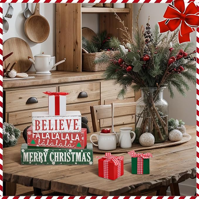 Geelin 4 Pieces Merry Christmas Wooden Table Decorations Xmas Wood Gift Boxes - Image 2