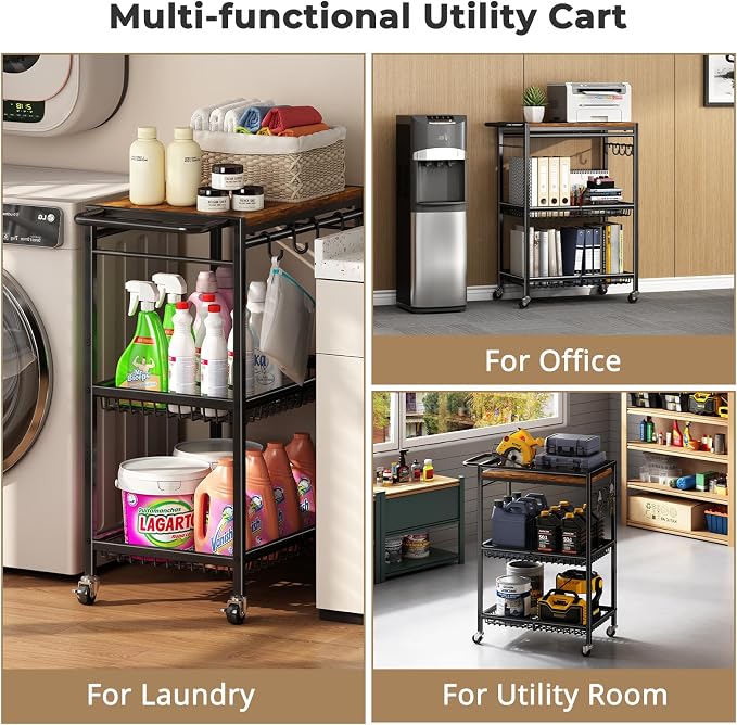 Microwave Kitchen Cart with Push Handle, 3 Tier Rolling Cart with 2 Lockable - Image 7