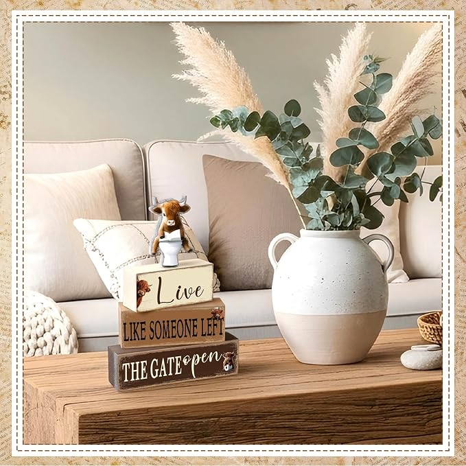 Geelin 4 Pcs Highland Cow Bathroom Decorations Bathroom Wooden Table - Image 6