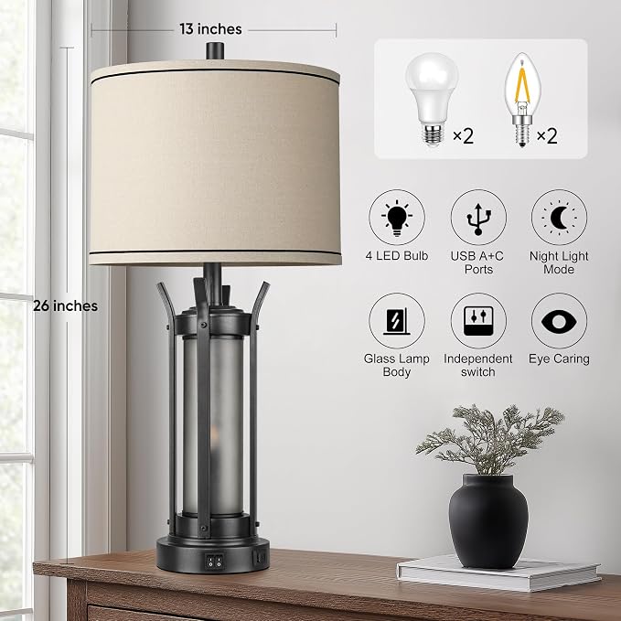 QiMH 26" Table Lamps Set of 2, Rustic Bedside Lamps - Image 4