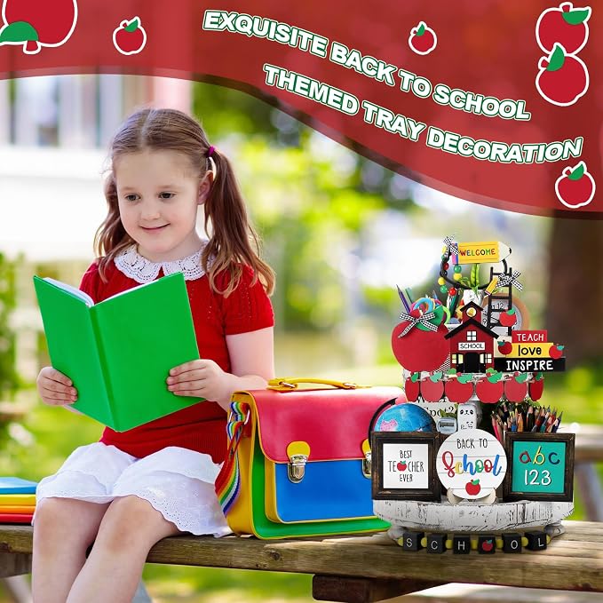 Mifoci 19 Pcs Back to School Tiered Tray Decor Signs Wood Sign Back to School - Image 6