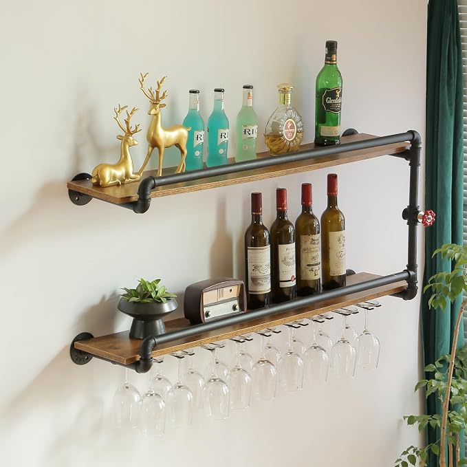 41 Inch Wine Rack Wall Mounted 2 Tier, Hanging Floating Bar Liquor Shelves - Image 7