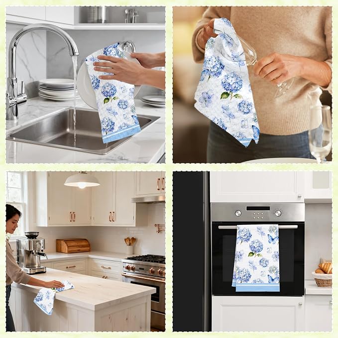 Blue Hydrangea Kitchen Towels, Summer Flowers Absorbent Hand Towel - Image 6