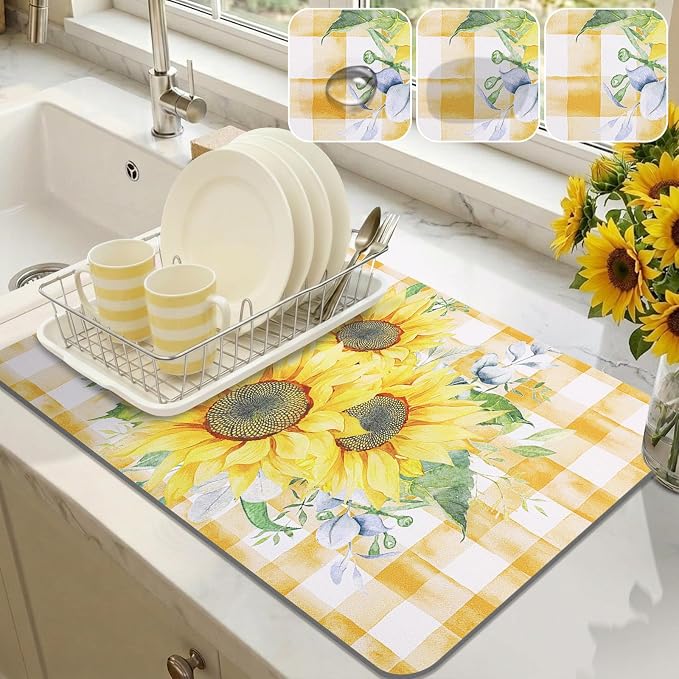 LOKHOM Dish Drying Mat for Kitchen Counter, Vintage Floral Dish Drainer Rack by LOKHOM