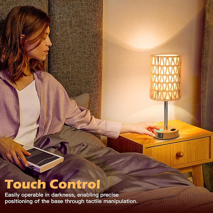 Rattan Table Lamps for Living Room, 3 Way Dimmable Touch Lamps, Small Bedside - Image 5