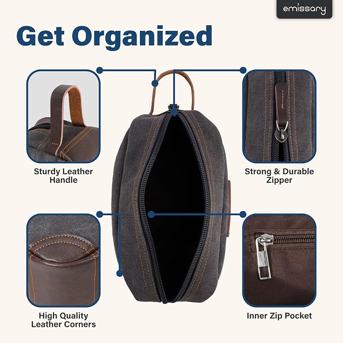 emissary Men's Canvas Travel Toiletry Bag, Leather Dopp Kit - Image 2