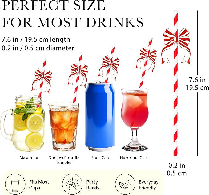 Red Bow Drinking Straws, Disposable Straw, Party Supplies - Image 2