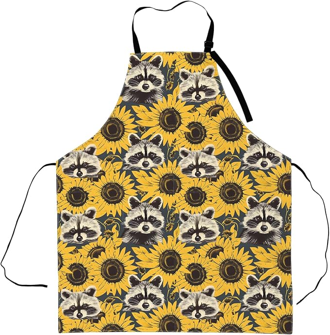 Raccoon and Sunflower Apron, Adjustable Waterproof Oxford Fabric Kitchen Apron by Zeleda