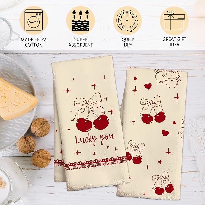 Funny Kitchen Dish Towel Set of 2, Cute Waffle Weave Dish Cloth, Lucky You - Image 3