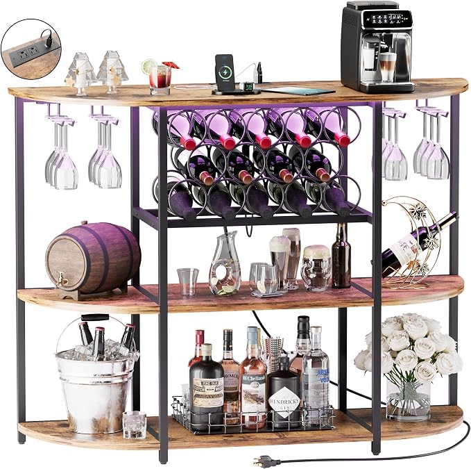 VICTONE Wine Bar Cabinet with LED Lights and Power Outlets, Freestanding Liquor - Image 3