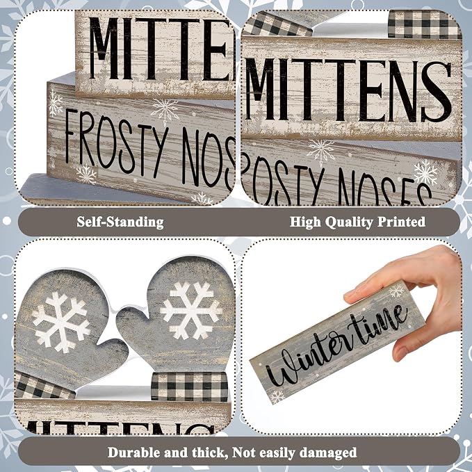 Lineshading 4 Pcs Winter Table Decorations Wooden Mittens Decor Winter Tiered - Image 6
