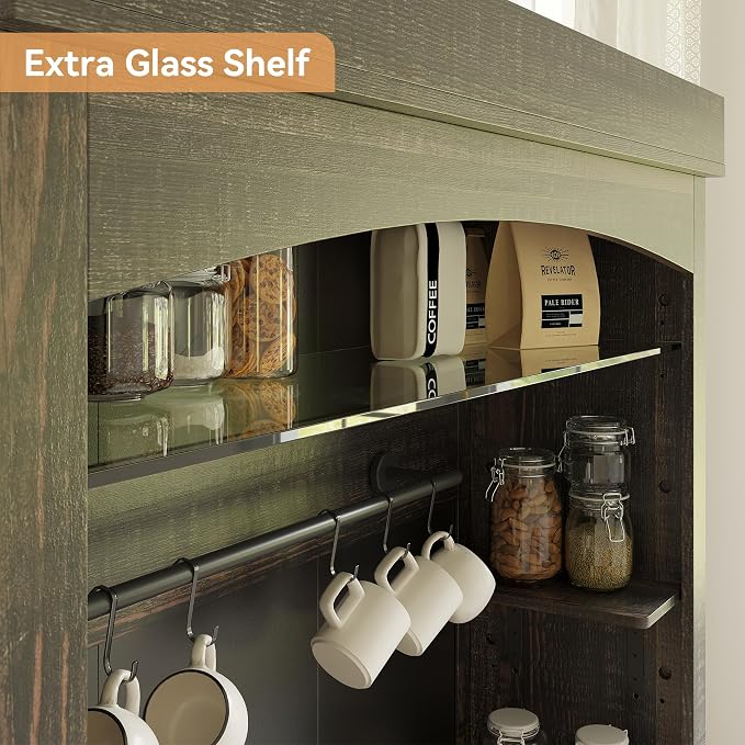 Takywep Tall Coffee Hutch with LED Lights Tall CoffeeBar Cabinet Farmhouse - Image 5