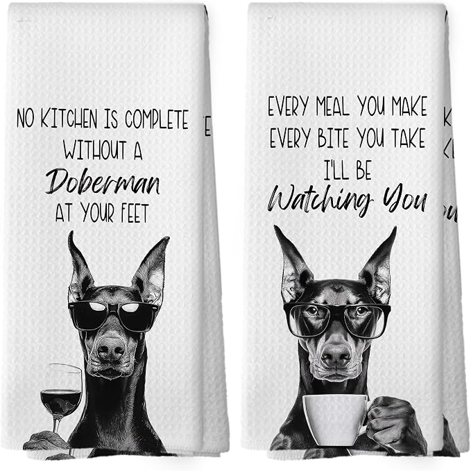 Funny Doberman Kitchen Towels Set of 2, Dog Kitchen Accessories, Coffee Station by Mcehtle
