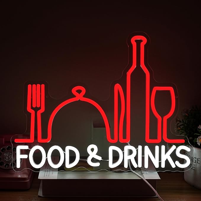 Food And Drink Neon Sign for Wall Decor Dimmable Knife Fork Light Up Sign LED by QNATLHMX