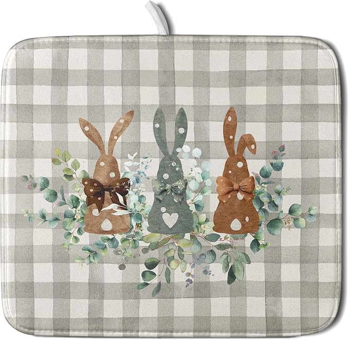 Spring Bunny Dish Drying Mats for Kitchen Counter, Rabbits Leaves Grey Buffalo by Kawani