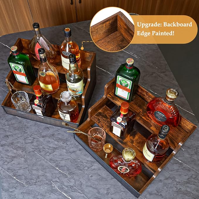 2 Pack 3 Step Countertop Liquor Bottle Display Shelf, Wood Bar Shelves 12 - Image 4