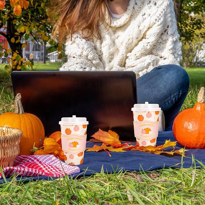 Whaline 50 Pcs Fall Coffee Cups Disposable Pumpkin Paper Cup - Image 7