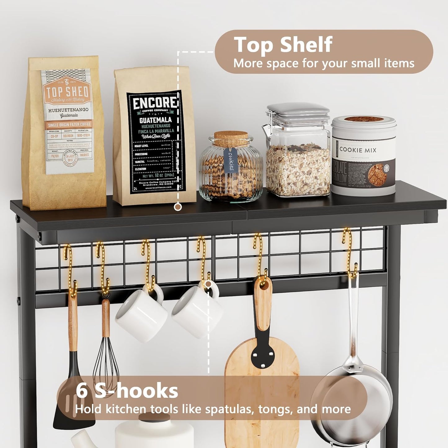 Furologee Kitchen Bakers Rack with Hutch, Coffee Bar Station 4 Tiers, Microwave Oven Stand with 6 S Hooks and Pegboard, Kitchen Microwave Rack for Spice Organizer Workstation, Black