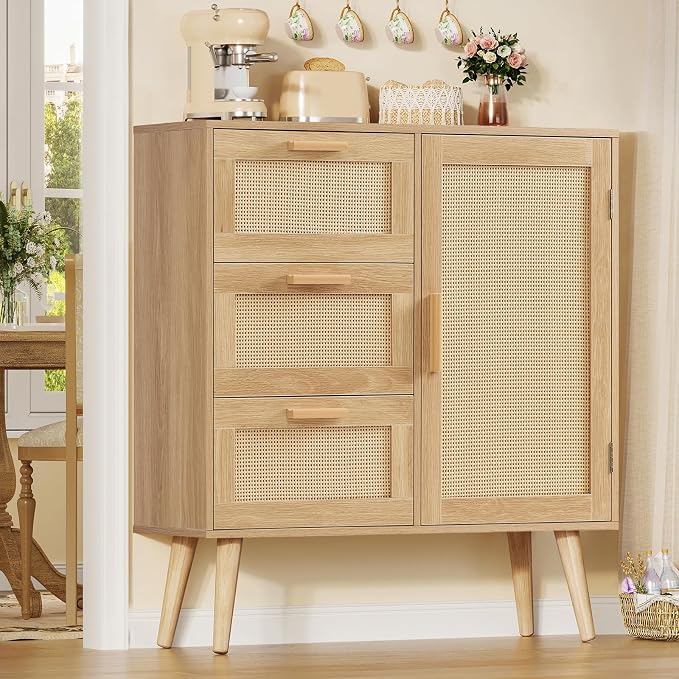 TEENFON Storage Cabinet with Rattan Door & 3 Drawers, Rattan Cabinet with - Image 5