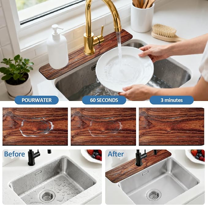 2 Pcs Kitchen Sink Splash Guard Faucet Mat Wood Grain Pattern Faucet Mat - Image 5