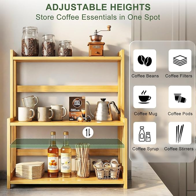 Countertop Coffee Station Organizer, 3 Tier Bamboo Shelf - Image 4