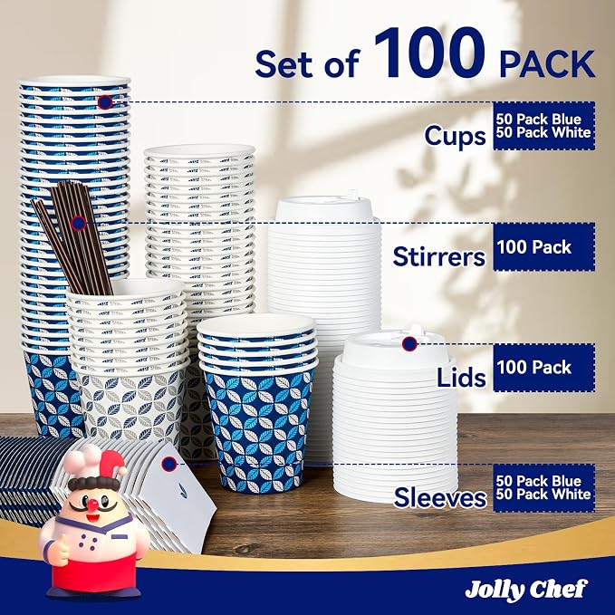 JOLLY CHEF 100 Pack 10 oz Disposable Coffee Cups, Hot Paper Coffee Cups - Image 4