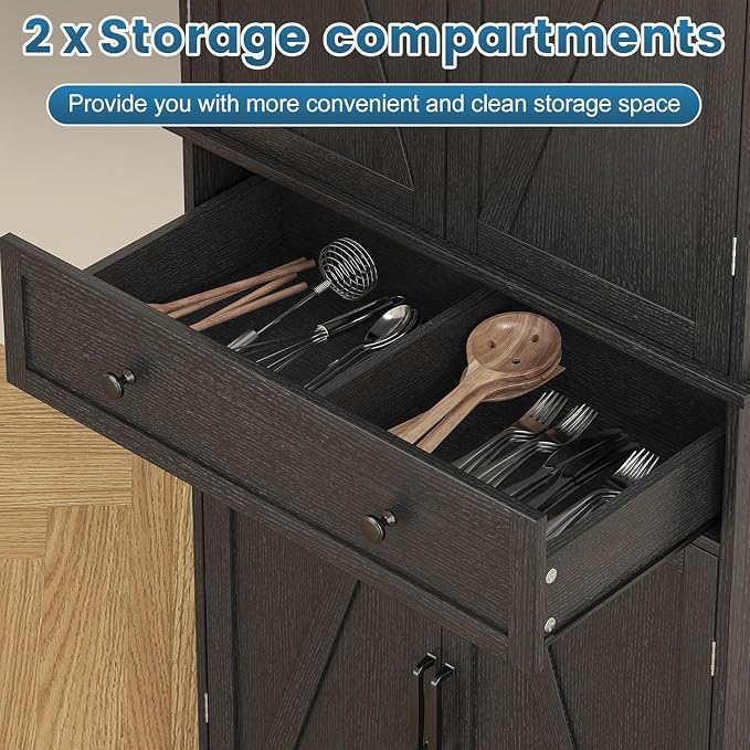 kepptory 72" Tall Kitchen Pantry Cabinet, Barn Doors and Drawer, Farmhouse - Image 7