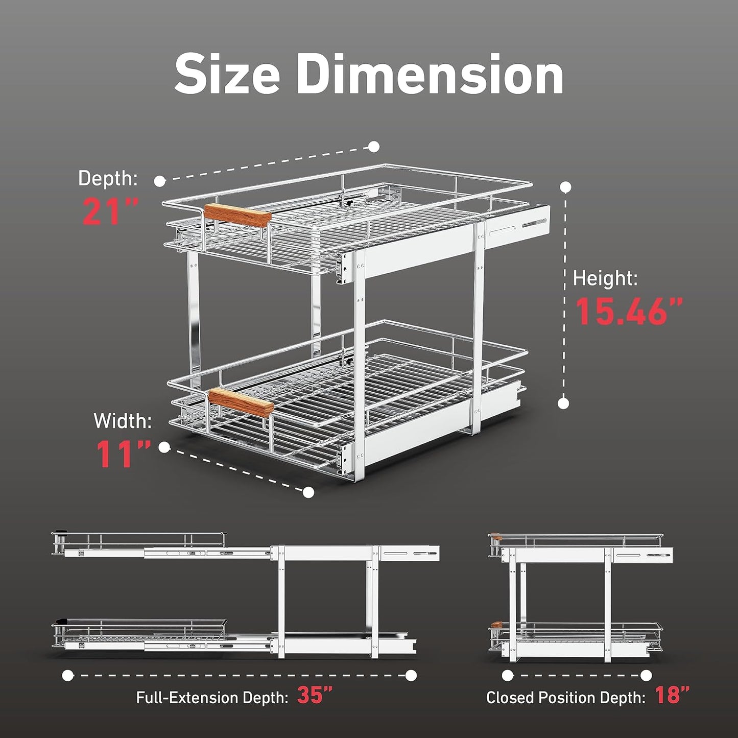 Pull Out Cabinet Organizer(11" W x 21" D), 2 Tier Wire Basket Slide Out Shelf Storage with Wood Handle, Pull Shelf Drawers for 12-1/4” Cabinet Opening, Chrome