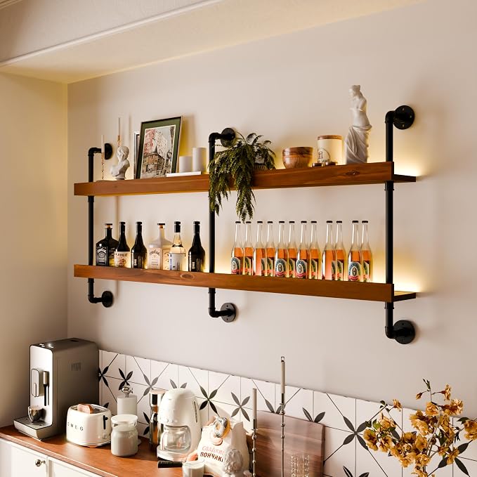 Wall Mounted Wine Rack with LED Light, LED Industrial Pipe Wine Shelf, 2-Tier - Image 9