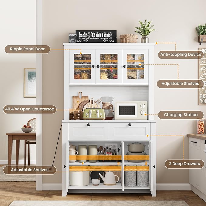 Pantry Cabinet with Charging Station, Farmhouse Kitchen Pantry Storage Cabinet - Image 5