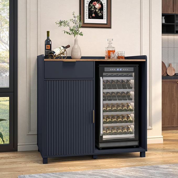 Coffee Bar Cabinet with Fridge Space&Fluted Door, Mini Fridge Cabinet with Wine by serenelivingorganizedspace