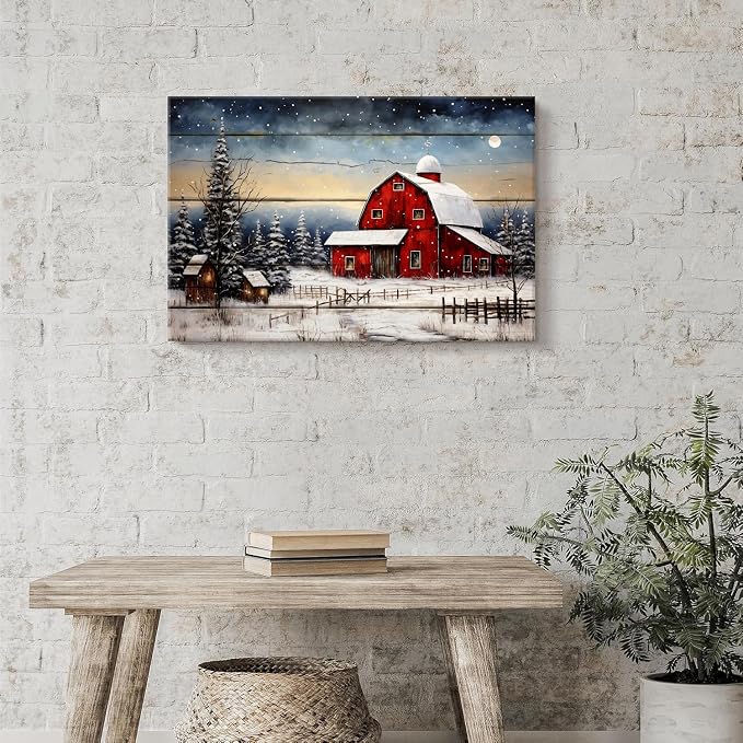 Red Barn Wall Art Snowy Winter Landscape Wall Art Christmas Home Decoration - Image 2