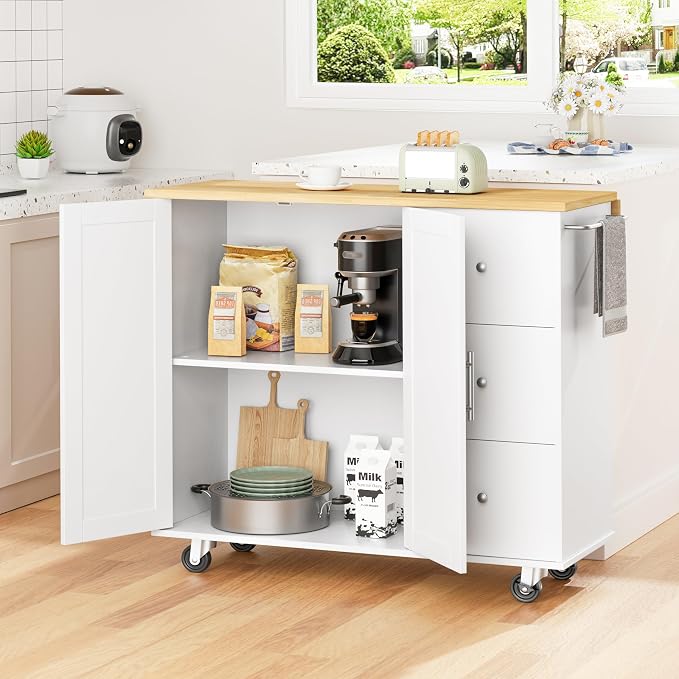 Shintenchi Kitchen Island with Folding Drop Leaf, Rolling Island Table with - Image 7