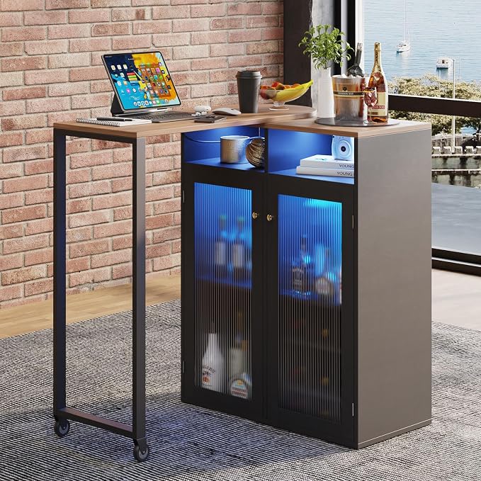 Home Bar Unit with Charging Station & Lights & Storage Mini Corner Bar Table - Image 8
