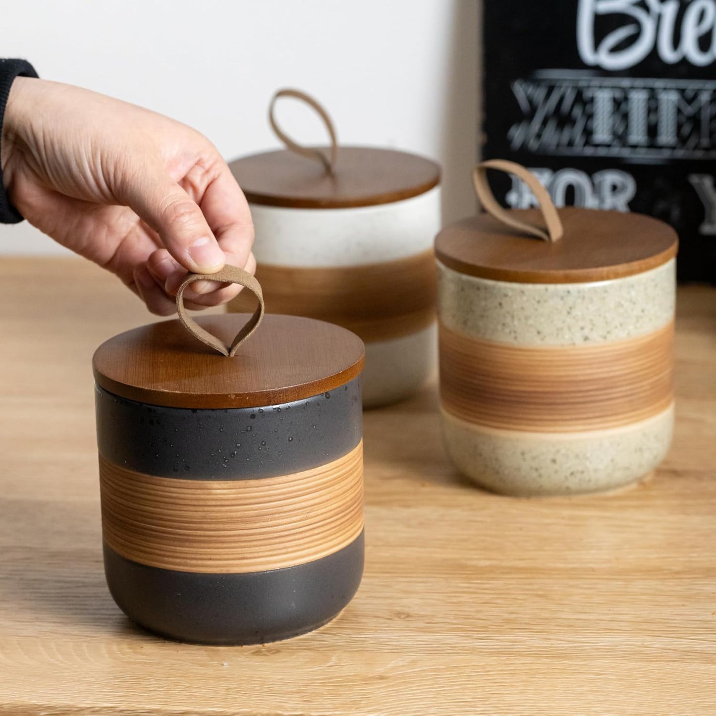 Spice Jars with Lid, Coffee Container Kitchen Food Storage Jars for Spice Sugar Tea Bag, Stackable Decorative Jars for Countertop, Black & 37 fl.oz
