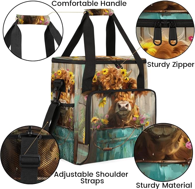 Highland Cow Wood Print Coffee Maker Carring Bag, Large Insulated Storage - Image 6