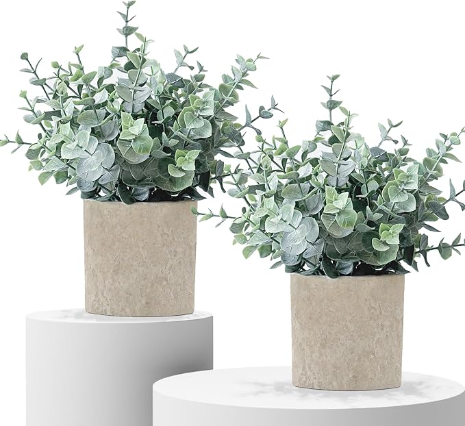 2 Pack Fake Plants Eucalyptus Small Potted Artificial Plants Indoor Greenery by MIXROSE