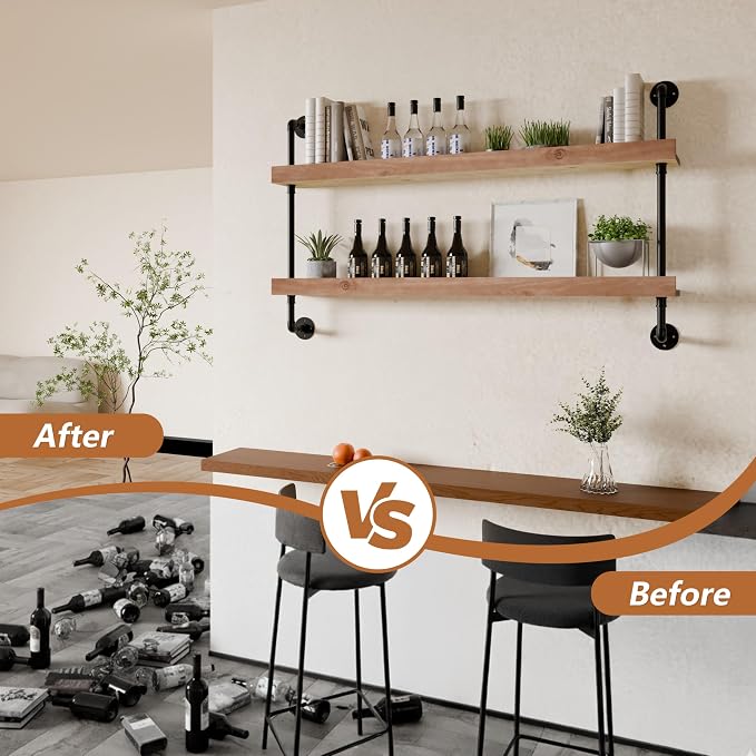Wall Mounted Wine Rack with LED Light, LED Industrial Pipe Wine Shelf, 2-Tier - Image 7