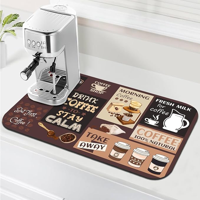 Retro Coffee Pattern Drying Mat 12" x 19", Non-Slip Absorbent Quick-Dry Mat by Yovirinto