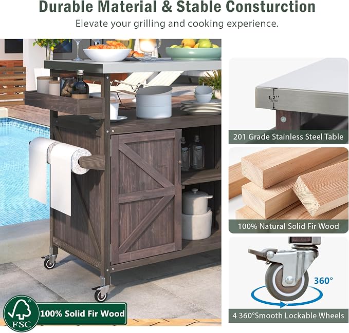 Merax Wood Outdoor Kitchen Island, Stainless Steel Kitchen Island - Image 3