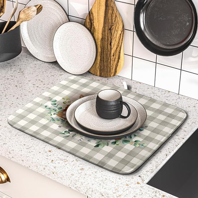 Spring Bunny Dish Drying Mats for Kitchen Counter, Rabbits Leaves Grey Buffalo - Image 5