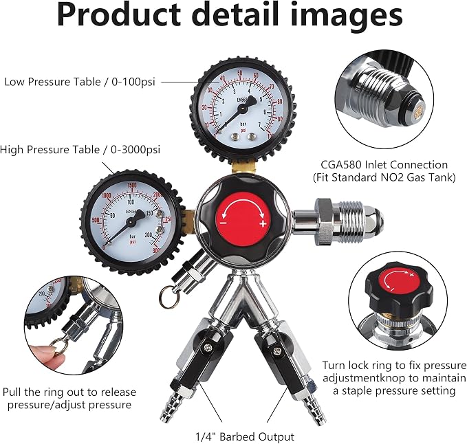Dual-Gauge Nitrogen Regulator CGA-580 Nitro Regulator Heavy Duty Beer Cold Brew - Image 3