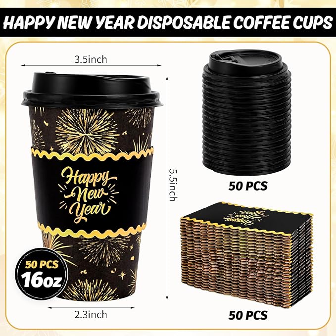 Whaline 50 Pcs 16 Oz Happy New Year Disposable Coffee Cups - Image 2