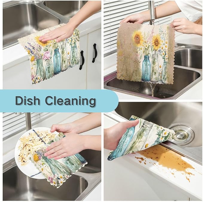 ALAZA Kitchen Towels Spring Floral Jars Dish Towels Multipurpose Reusable Dish - Image 2