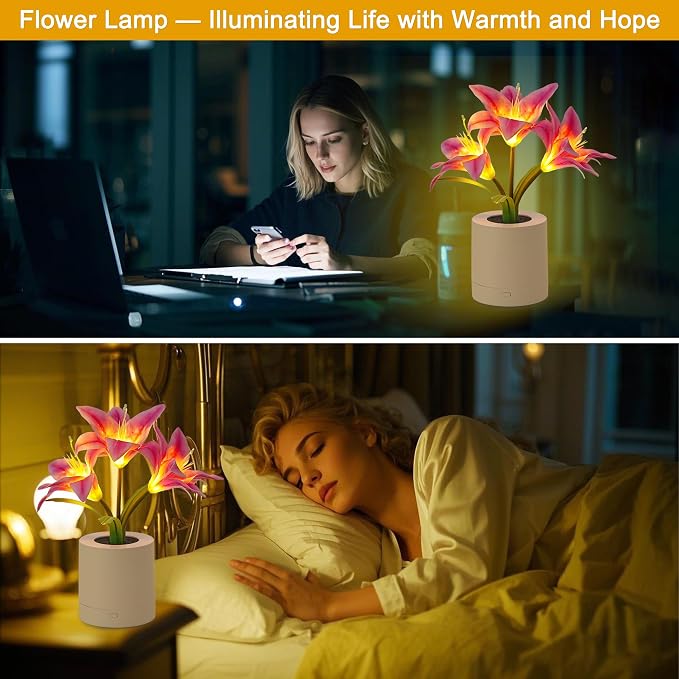 WSYEAR Pink Morning Glory Flowers Table Lamp, Charging Dimmable Cordless - Image 6