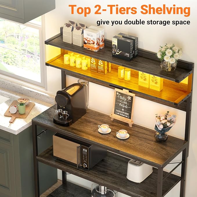 Aheaplus Bakers Rack with Power Outlet, Microwave Stand, 5 Tiers Coffee Bar - Image 6