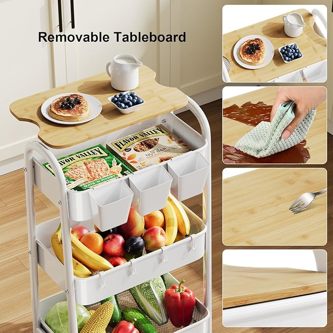 3 Tier Rolling Cart Metal with Wheels and Bamboo Table Top, Art Cart Organizer - Image 7