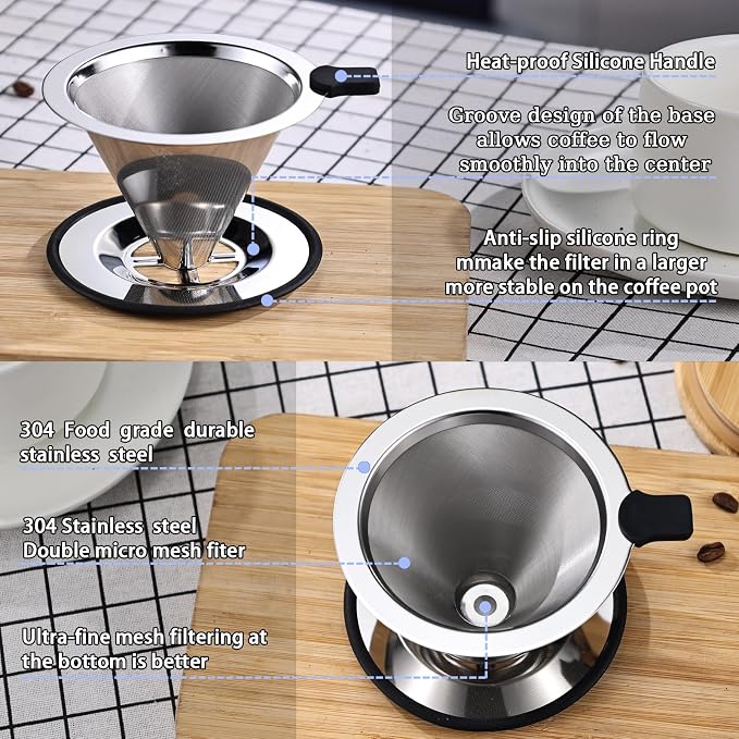 Pour Over Coffee Filter Dripper, Stainless Steel Metal Cone Coffee Filter | - Image 5