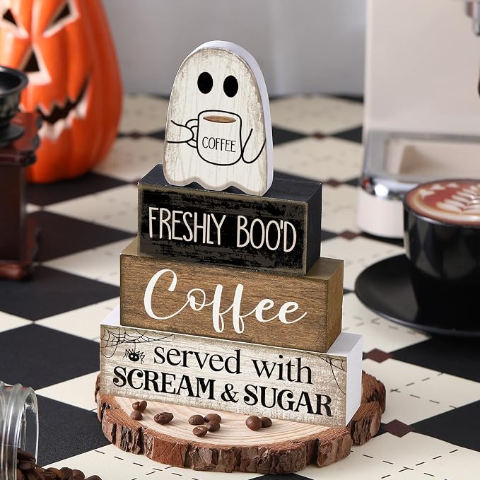 Lineshading 4 Pcs Halloween Table Decor Coffee Ghost Wooden Sign Halloween - Image 2
