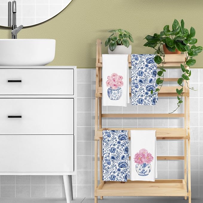 Blue and White Chinoiserie Pink Rose Flowers Floral Kitchen Towels Set of 2 - Image 3